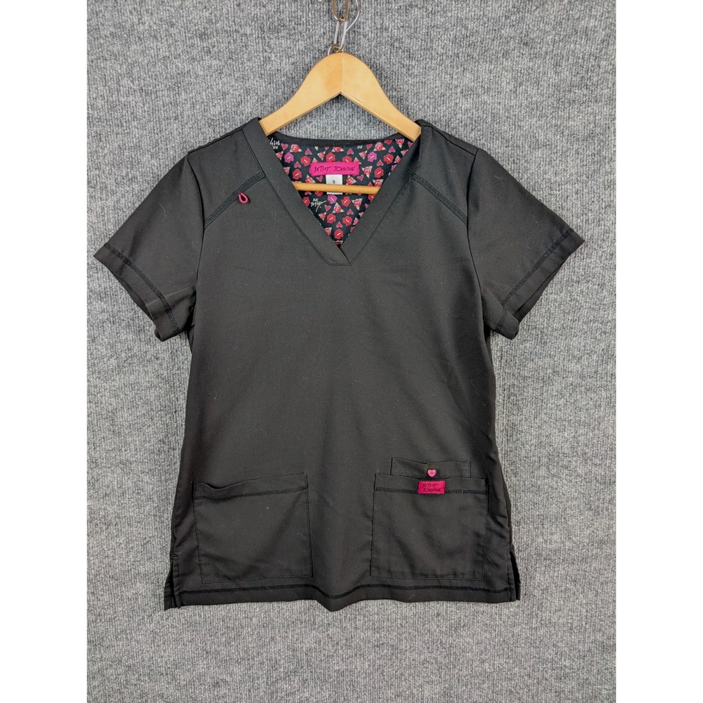 Betsey Johnson Womens Black V-Neck Scrub Top Heart Lips Print Accent Small